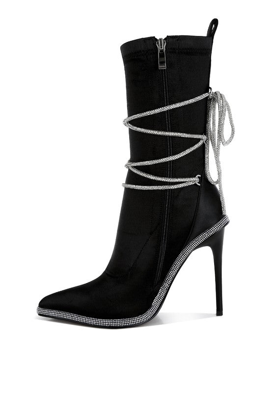 Black calf boots with rhinestone straps and tassel ties, 4-inch heels