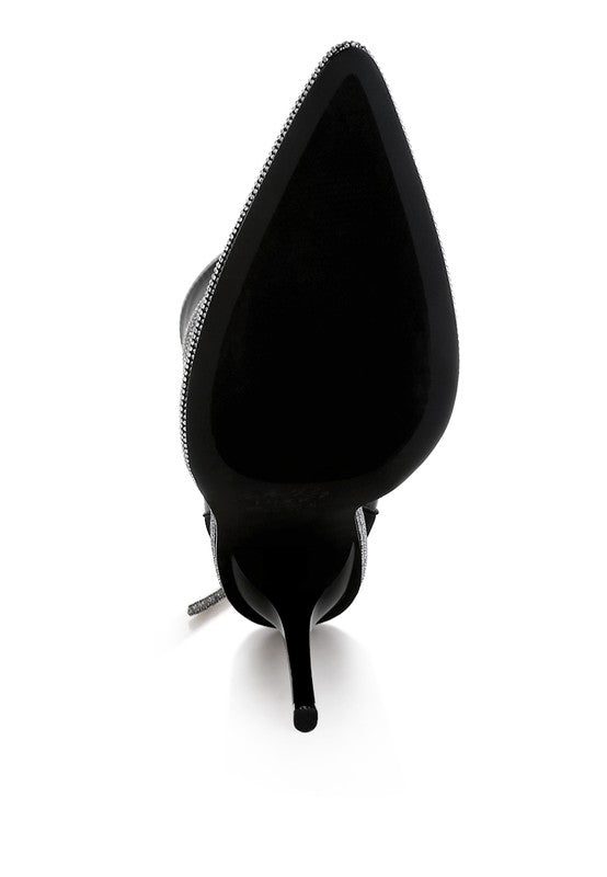 Black satin calf boots with rhinestone trim and 4-inch stiletto heel
