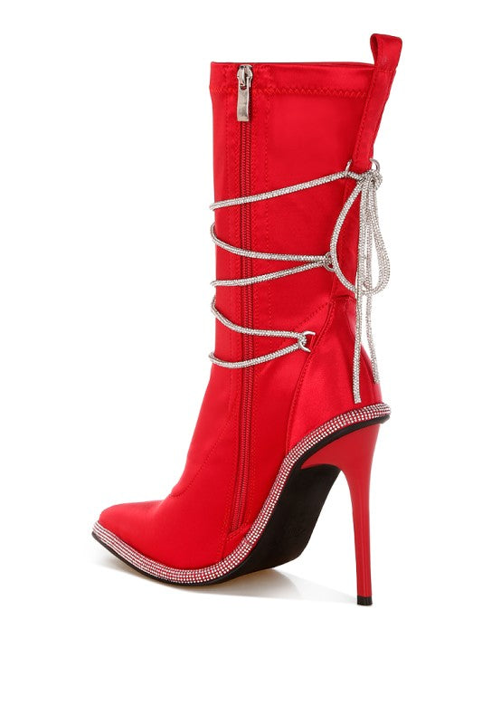 Red ankle boots with side zipper, rhinestone lace wrap and stiletto heel