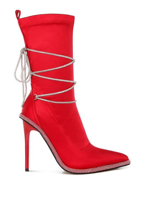Red satin calf boots with rhinestone-trimmed sole and lace wrap