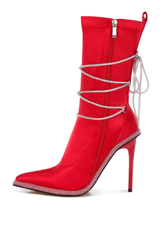 Red calf boots with pull tab, wrap-around rhinestone laces, and 4-inch heel