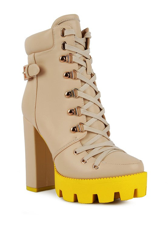 Larch cushion biker boot, beige leather upper with yellow platform sole