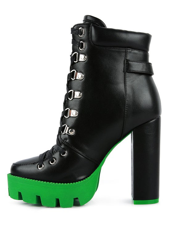 Larch cushion biker boot, black leather upper with green platform sole
