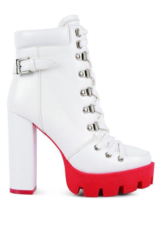 White lace-up biker boot with red platform sole and high block heel