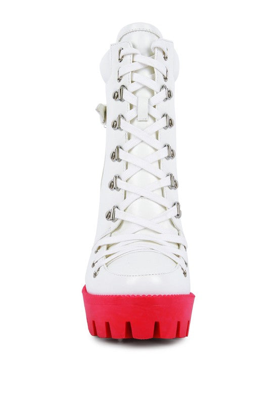 Larch cushion collared biker boot, white with red platform sole and lace eyelets