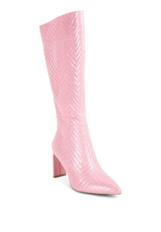 Pink quilted tall boots with chevron stitching and block heel, size 7