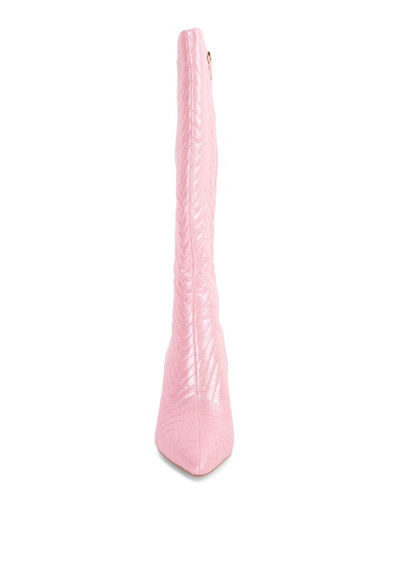 Pink tall boot side view with chevron quilted upper and slim block heel