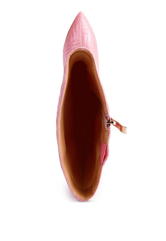 Pink boot opening view with side zipper and quilted shaft