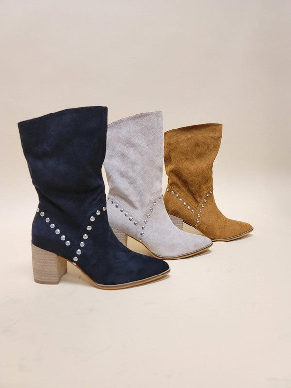 Point-toe midi boots, studded V trim, block heel (black, taupe, camel tones)
