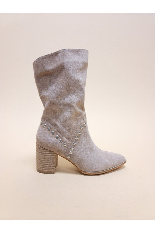 Point-toe midi boots with studded V trim and block heel, taupe/grey