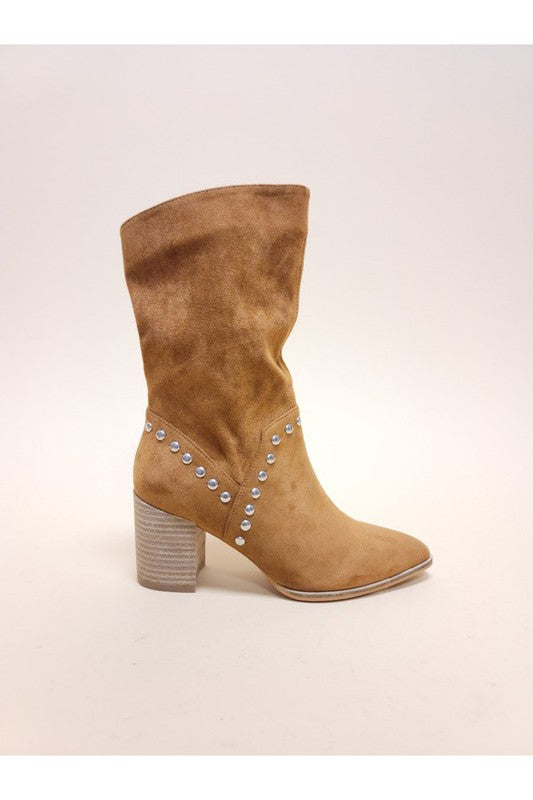 Point-toe midi boots with studded V trim and block heel, camel brown