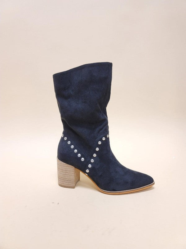 Point-toe midi boots with studded V trim and block heel, black suede