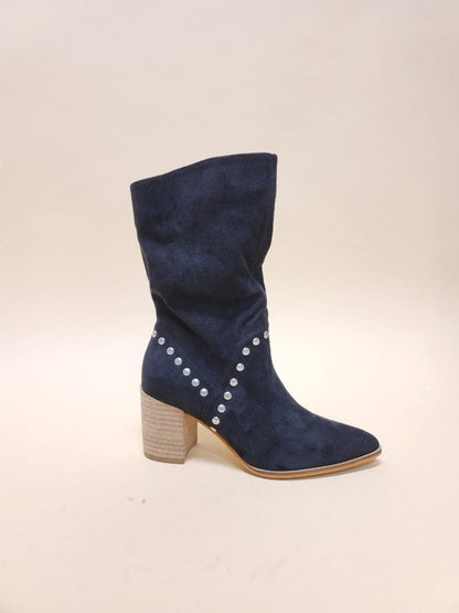 Point Toe Midi Boots With Studs Block Heel - Tigbul's Variety Fashion Shop