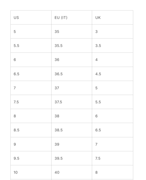 Rider boots size chart: US, EU (IT), UK measurements