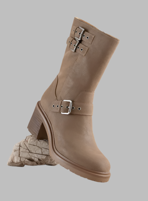 Taupe rider boot profile showing upper buckles and side strap detail
