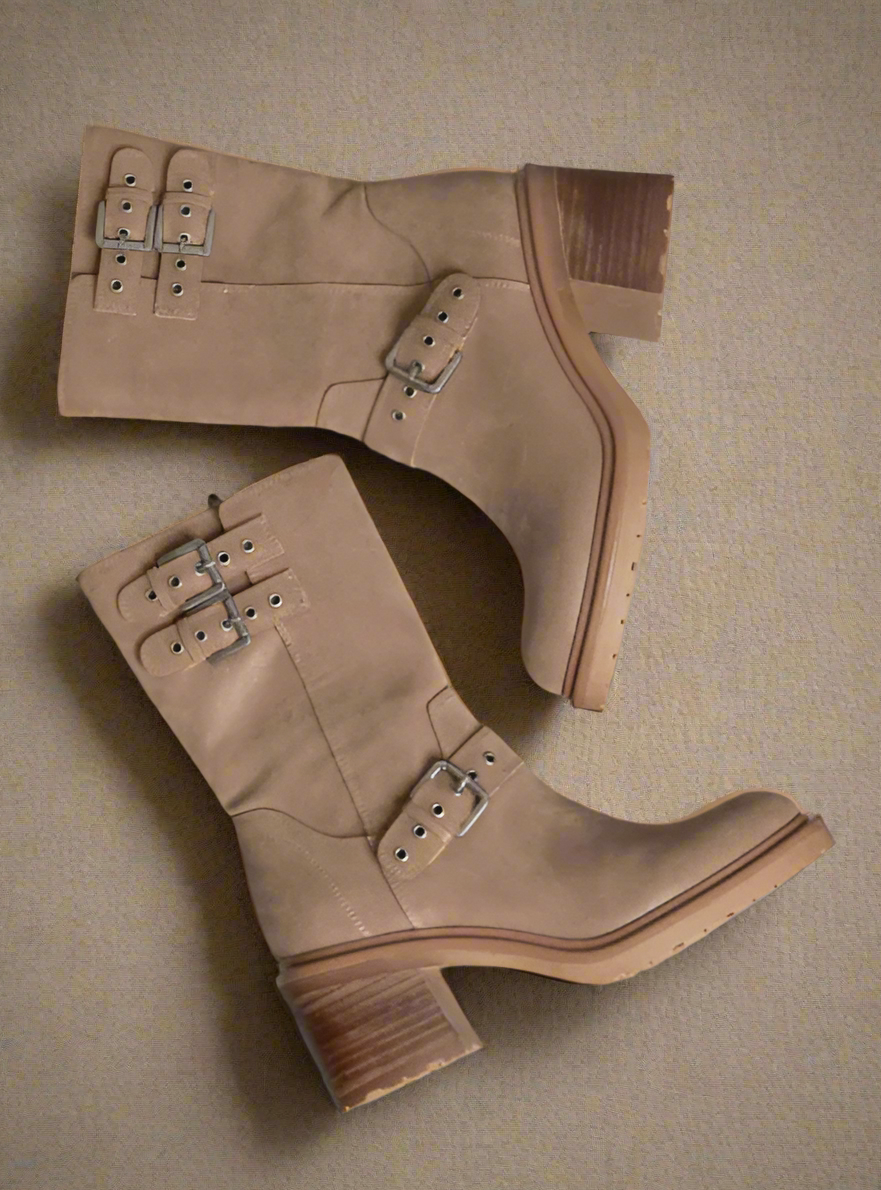 Taupe ankle-high rider boots with side buckle strap and stacked block heel