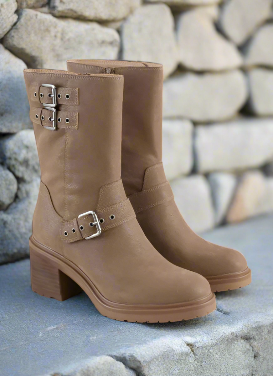 Taupe mid-calf rider boots with top and side buckles, chunky block heel