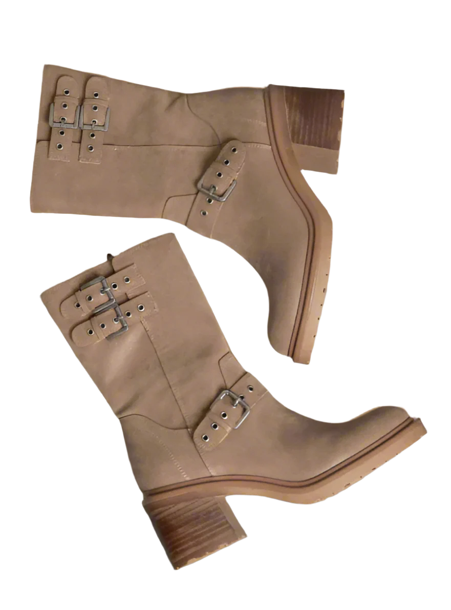 Taupe rider boots with double buckle straps and block heel