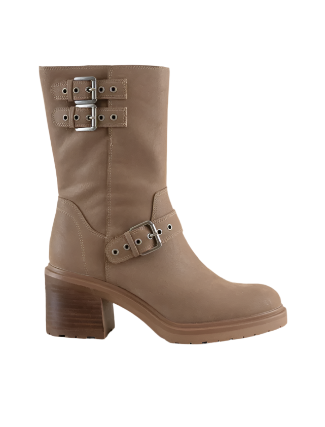 Taupe rider boots full view with upper and side buckle straps, block heel