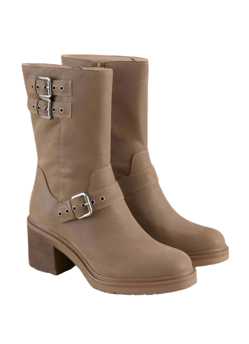 Taupe rider boots front view with double buckle hardware and chunky sole