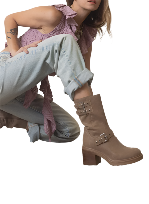 Taupe rider boots with stacked block heel and two buckle straps on the shaft