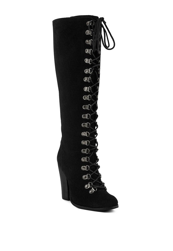 Size US 7 Black Antique Eyelet Block Heel Lace Up Calf Boot - Tigbul's Variety Fashion Shop