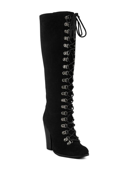 Size US 7 Black Antique Eyelet Block Heel Lace Up Calf Boot - Tigbul's Variety Fashion Shop