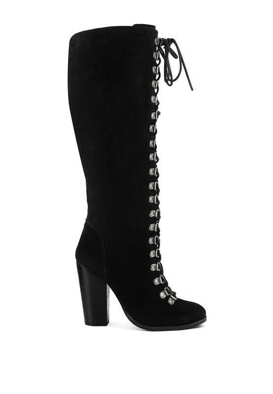 Size US 7 Black Antique Eyelet Block Heel Lace Up Calf Boot - Tigbul's Variety Fashion Shop