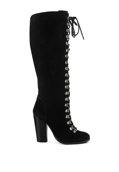 Size US 7 Black Antique Eyelet Block Heel Lace Up Calf Boot - Tigbul's Variety Fashion Shop