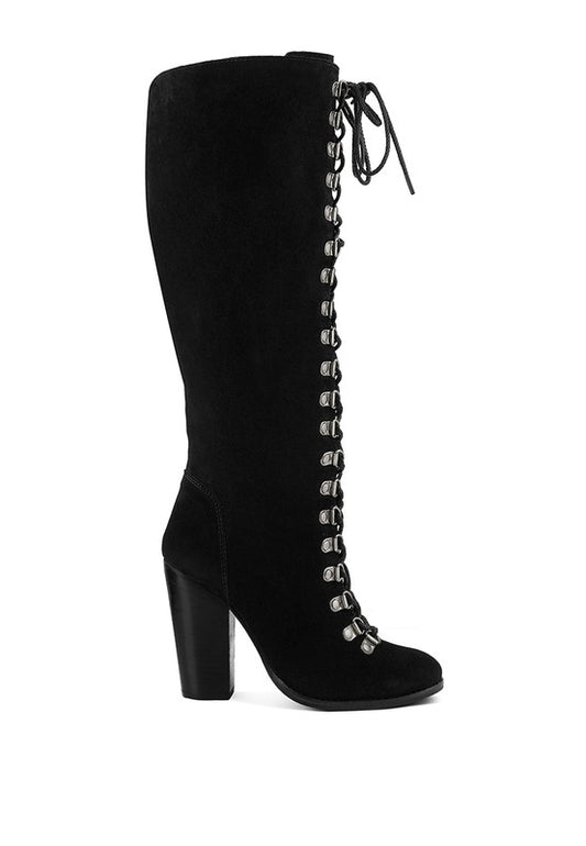 Size US 7 Black Antique Eyelet Block Heel Lace Up Calf Boot - Tigbul's Variety Fashion Shop