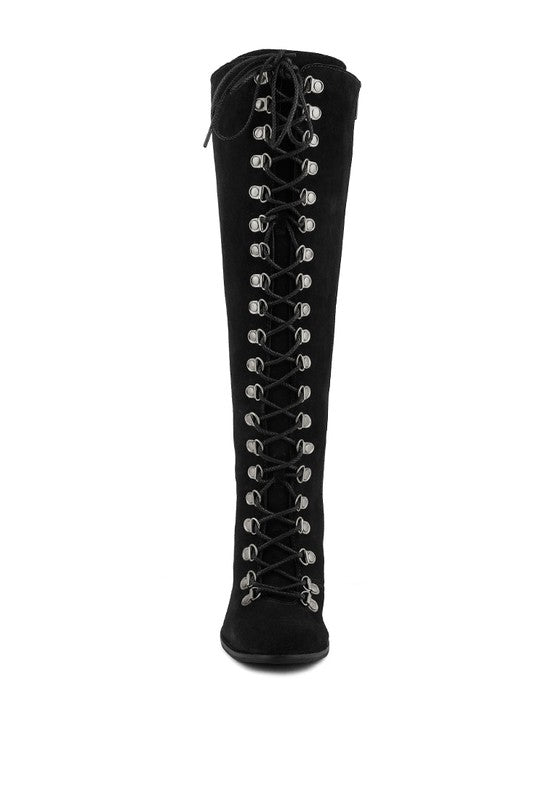 Size US 7 Black Antique Eyelet Block Heel Lace Up Calf Boot - Tigbul's Variety Fashion Shop