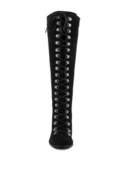 Size US 7 Black Antique Eyelet Block Heel Lace Up Calf Boot - Tigbul's Variety Fashion Shop