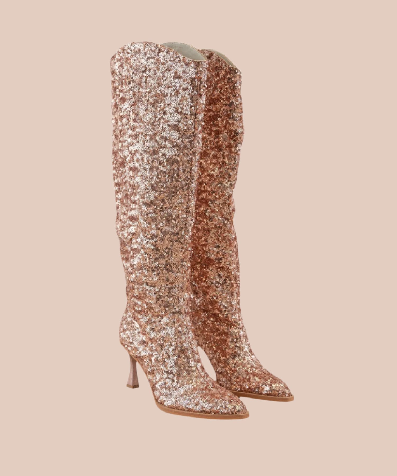 Rose-gold kniehoher Stiefel im Paar-Ansicht, Pailletten mit spitzem Zeh
