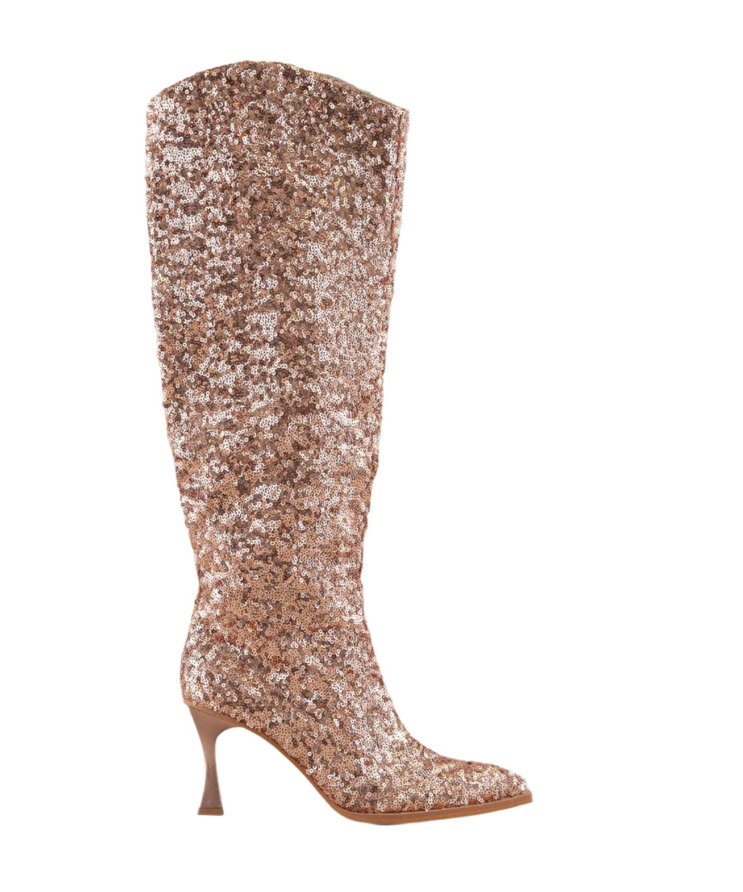 Rose-gold kniehoher Stiefel mit Pailletten und schmalem Absatz, vorne spitz