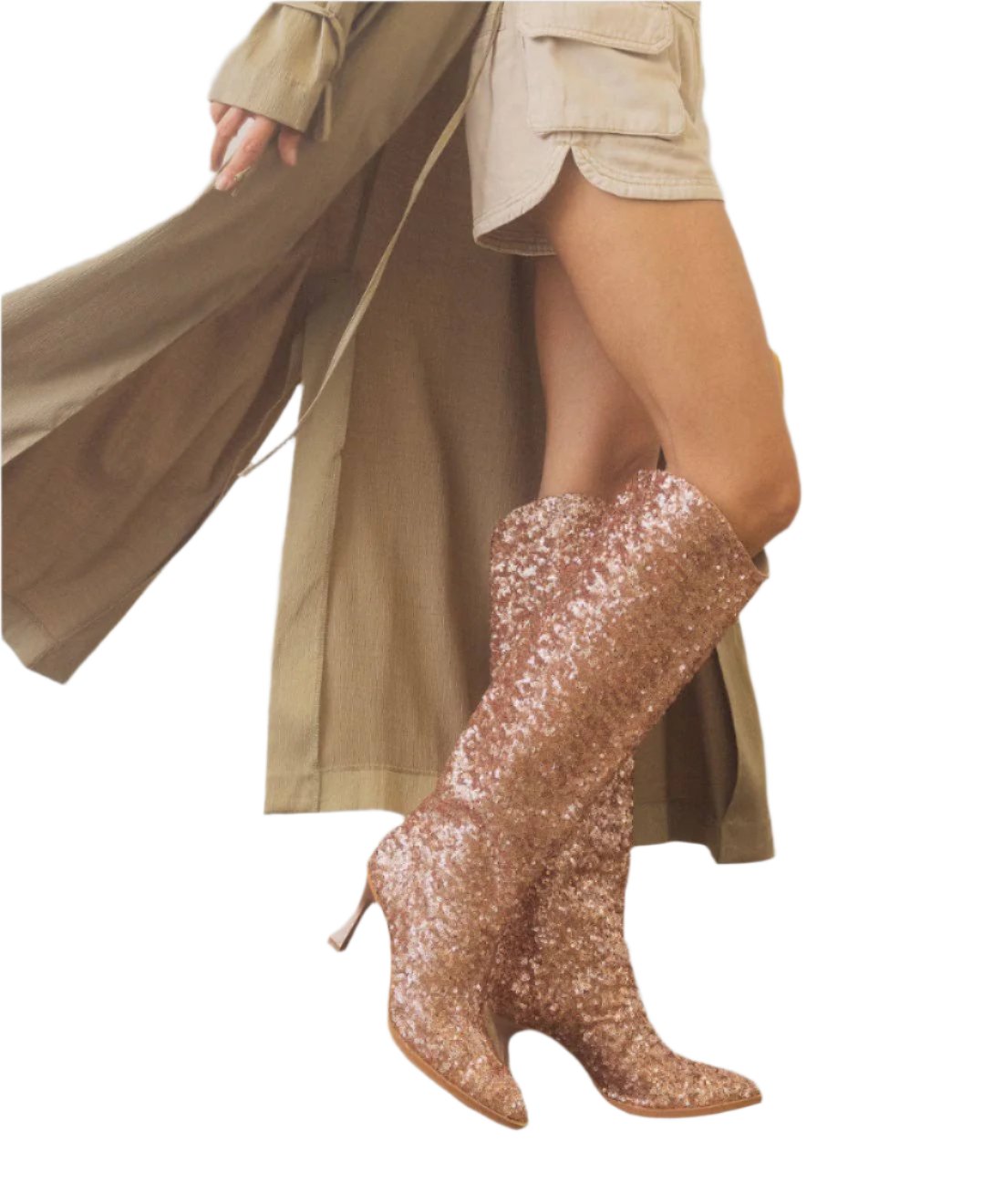 Rose-gold kniehohe Pailletten-Stiefel mit spitzem Zeh und dünnem Absatz