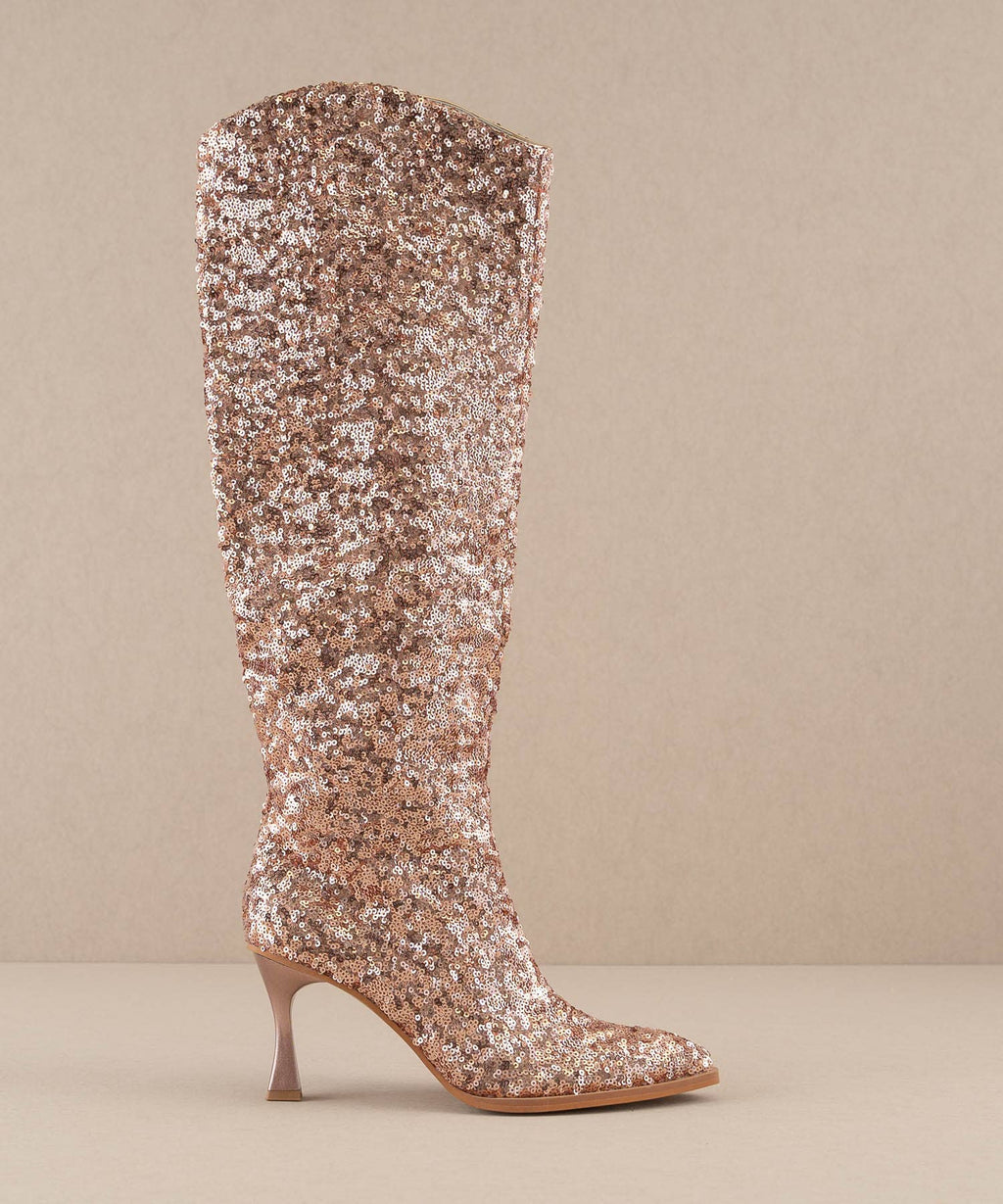 Rose-gold kniehoher Paillettenstiefel mit hohem Schaft und spitzem Zeh