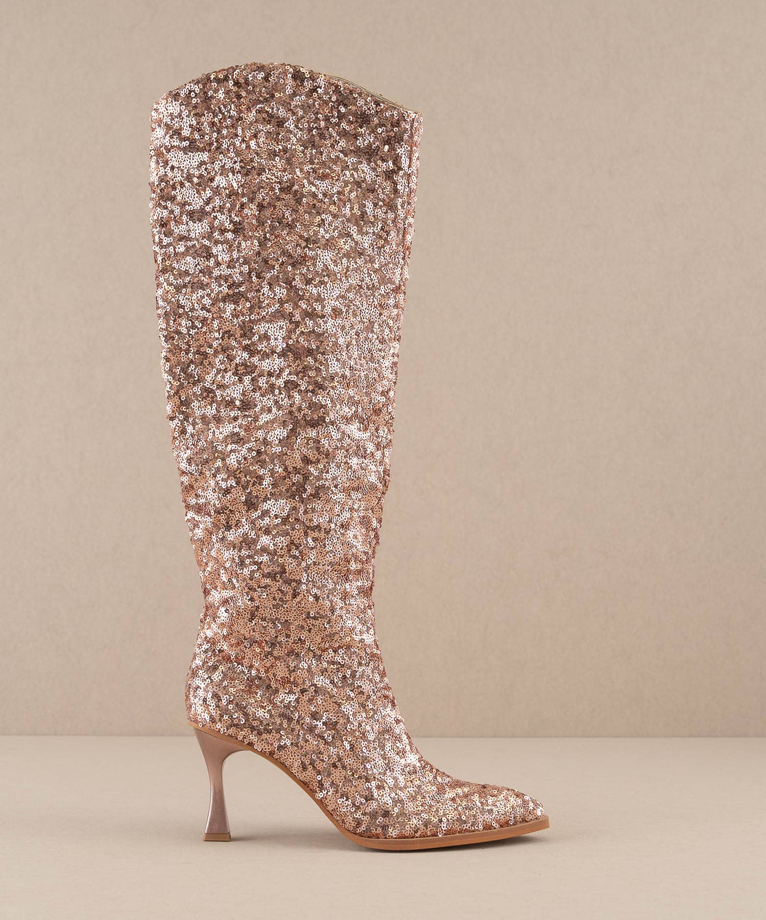 Rose-gold kniehoher Paillettenstiefel mit hohem Schaft und spitzem Zeh