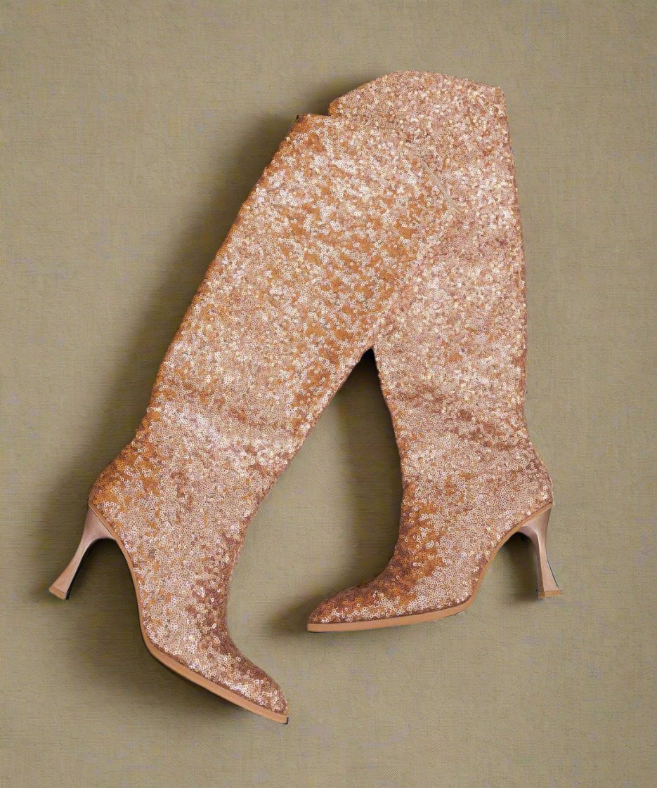 Rose-gold kniehohe Stiefel, Rück-/Außenseite sichtbar, Paillettenmuster