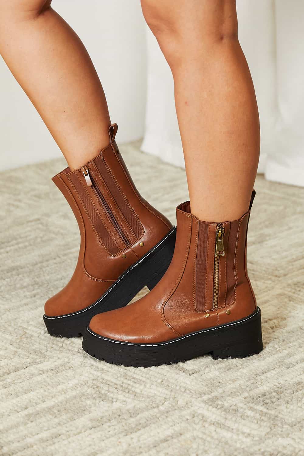 Chestnut Brown Side Zip Platform Boots - Tigbul's Variety Fashion Shop