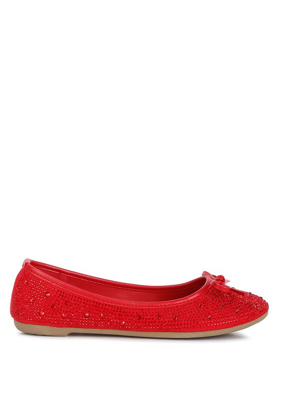 Red embellished ballet flats with rhinestones and studs, low profile sole