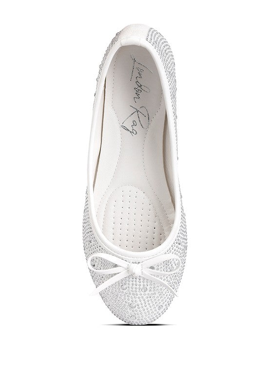 Off-white embellished ballet flats with rhinestones and studs, bow at toe