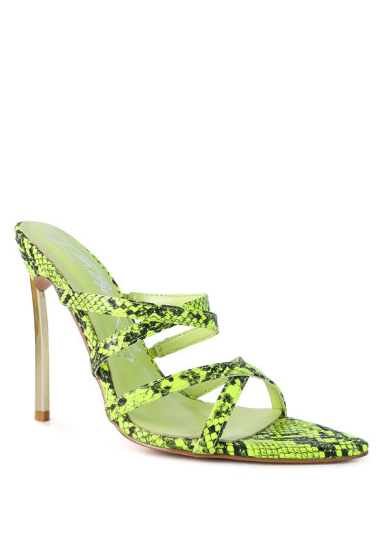 Neon yellow snake-print heeled sandals with crisscross ankle straps