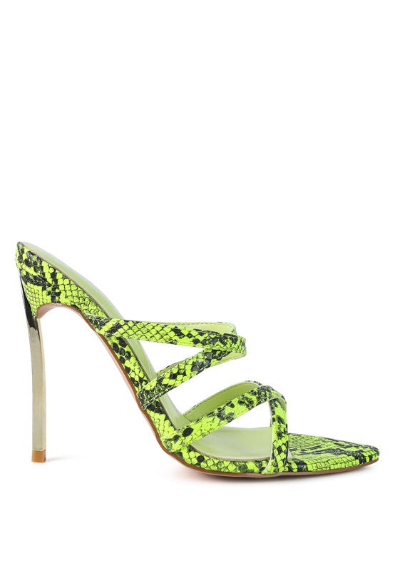 Neon yellow snake-print heeled sandals with open toe and ankle strap