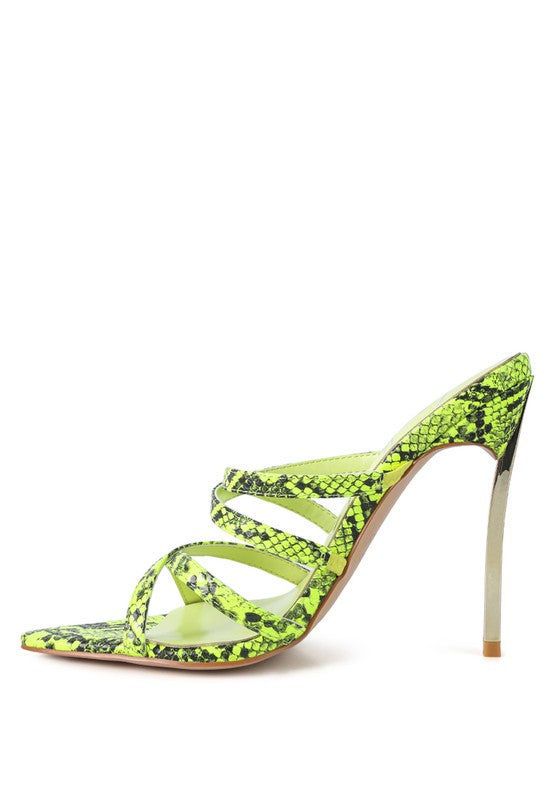 Neon yellow snake-print heeled sandals, side view with crisscross straps