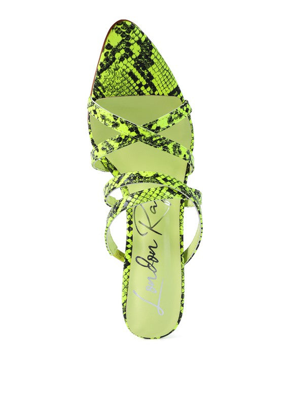 Neon yellow snake-print mule heels with crisscross straps, open toe