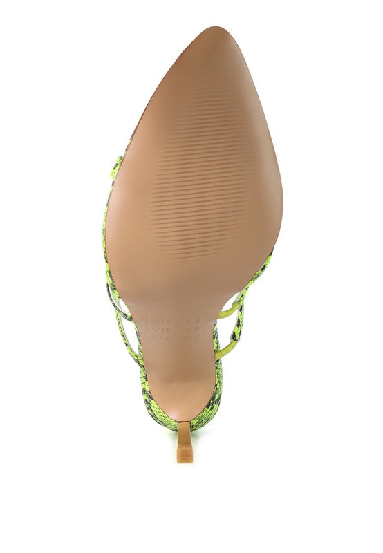 Neon yellow snake-print heeled sandals viewed from the heel