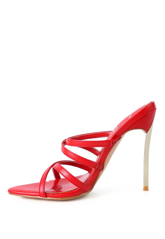 Red heeled sandals with crisscross straps and open toe, stiletto heel