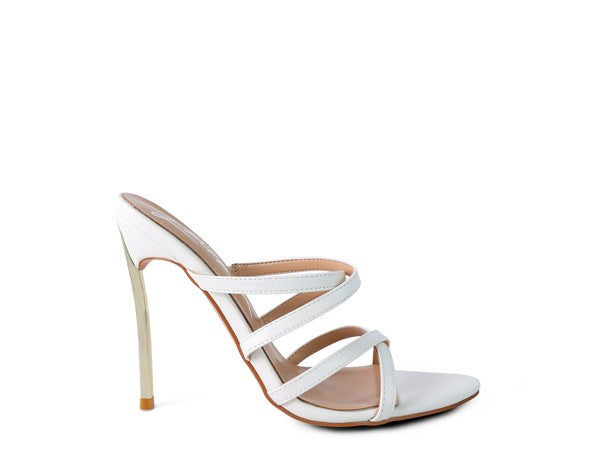 White heeled sandals with crisscross straps and slim stiletto heel