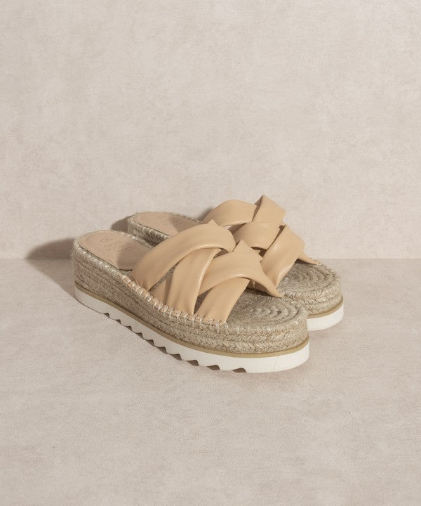 Beige Platform-Espadrille-Sandalen mit gekreuzten Riemen und dicker Sohle