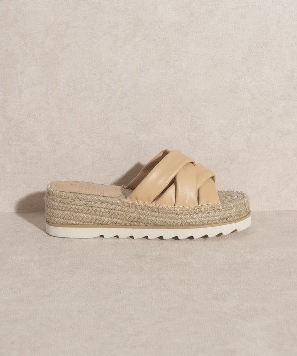Beige Platform-Espadrille-Sandale, seitliche Ansicht: gekreuzte Riemen, weiße Sohle